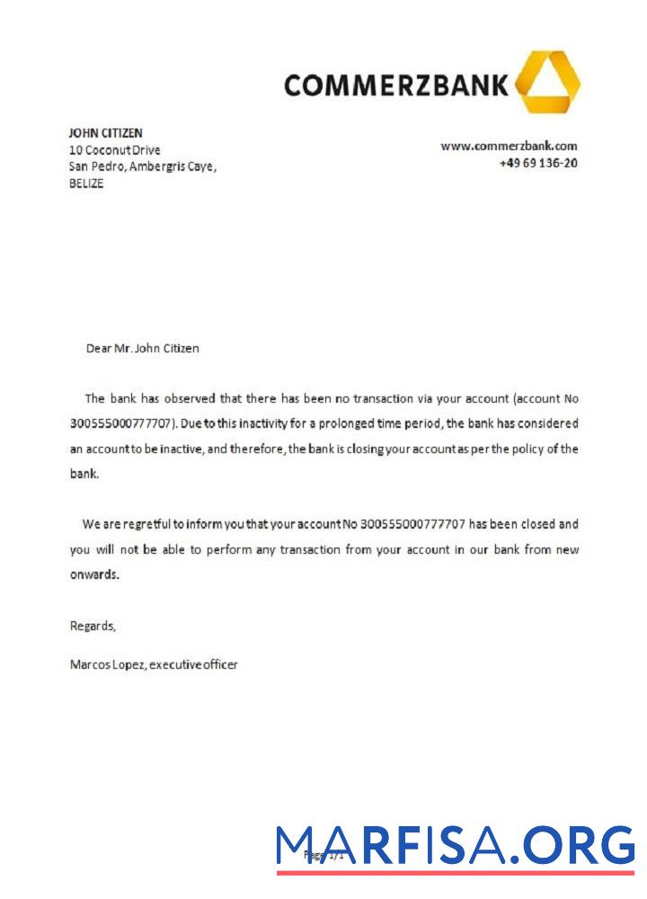 Blank Belize Commerzbank closure reference sample